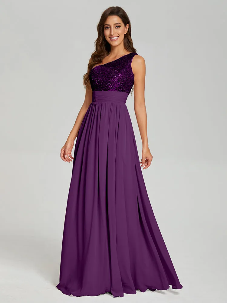 A-Line One Shoulder Sequins Prom Dresses With Split