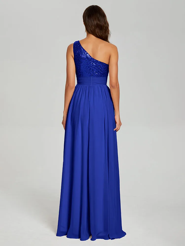 A-Line One Shoulder Sequins Prom Dresses With Split