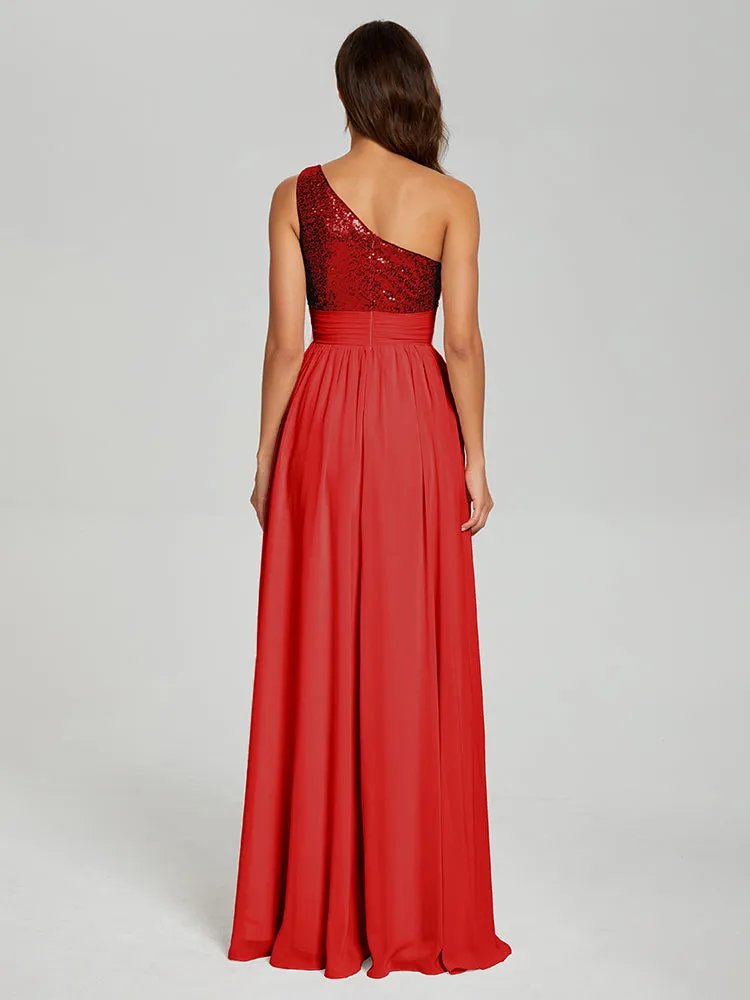 A-Line One Shoulder Sequins Prom Dresses With Split