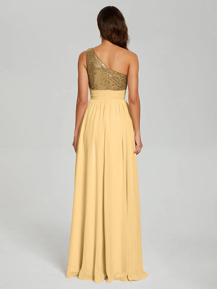 A-Line One Shoulder Sequins Prom Dresses With Split