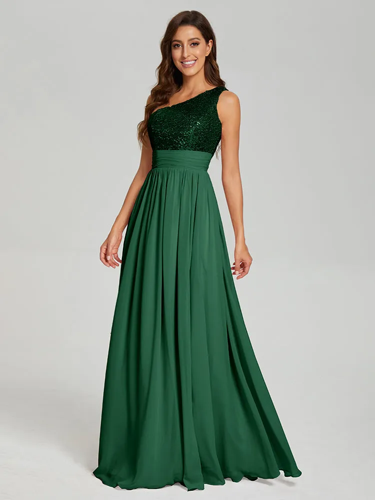 A-Line One Shoulder Sequins Prom Dresses With Split