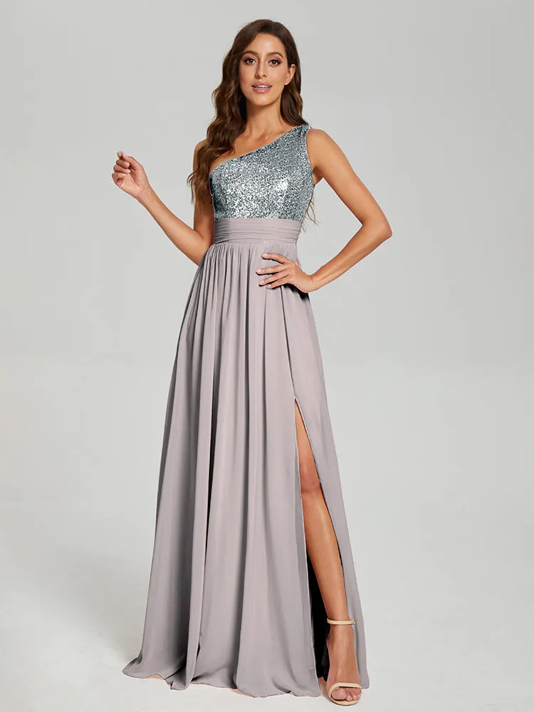 A-Line One Shoulder Sequins Prom Dresses With Split