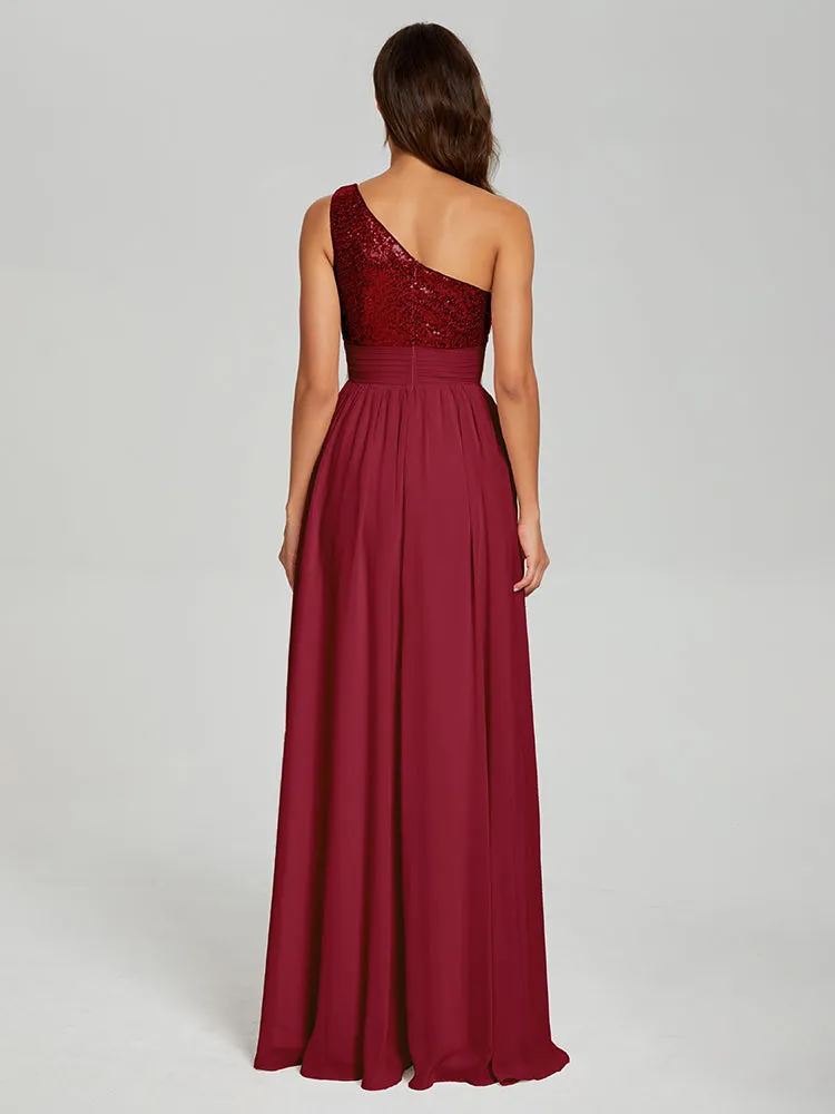 A-Line One Shoulder Sequins Prom Dresses With Split