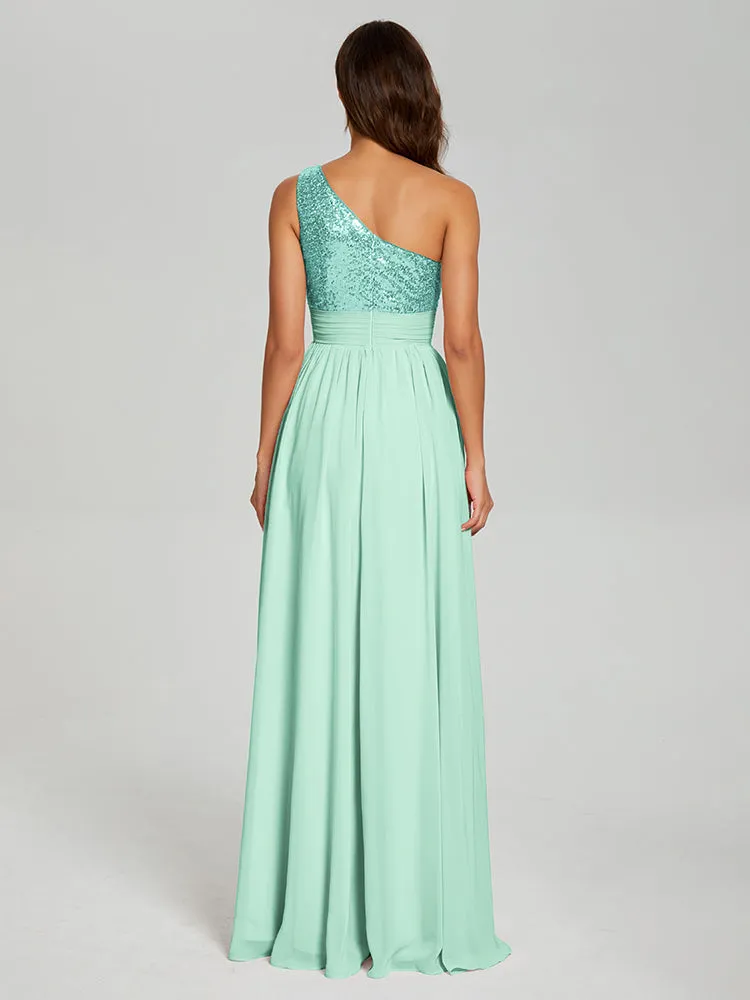 A-Line One Shoulder Sequins Prom Dresses With Split