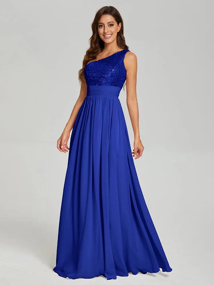 A-Line One Shoulder Sequins Prom Dresses With Split