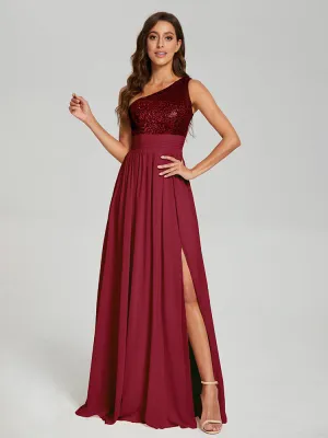 A-Line One Shoulder Sequins Prom Dresses With Split