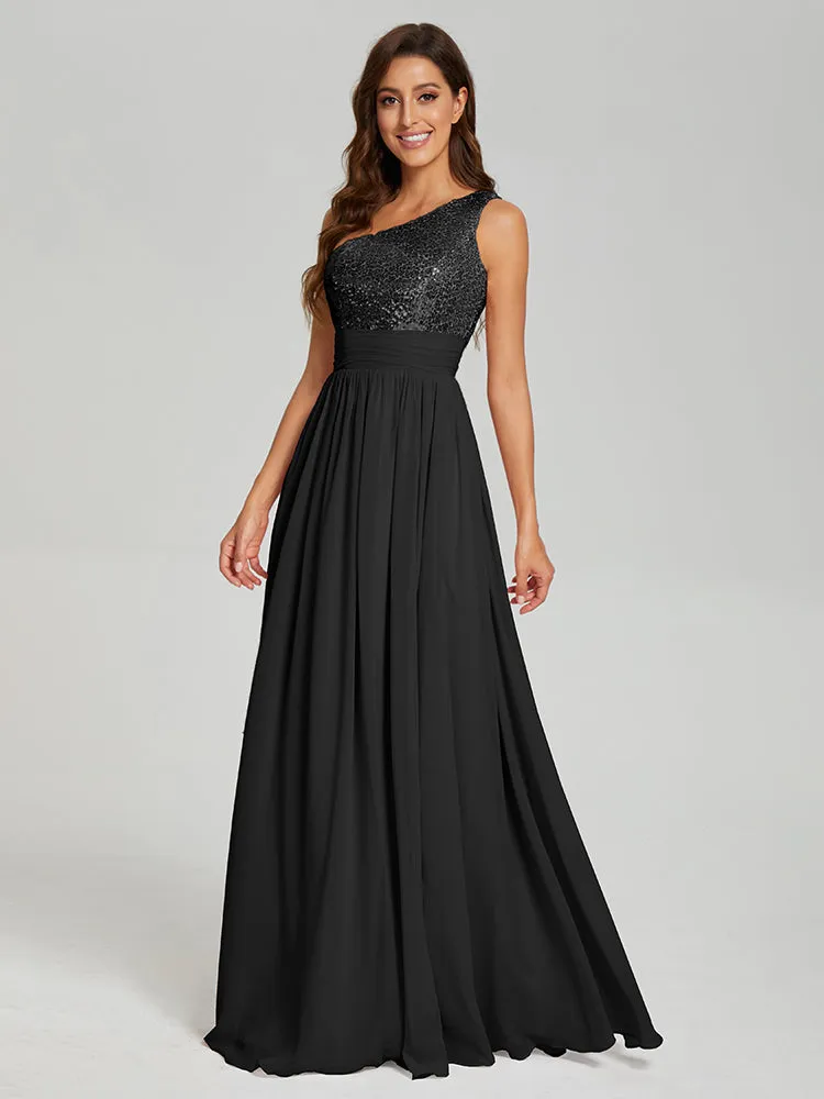 A-Line One Shoulder Sequins Prom Dresses With Split