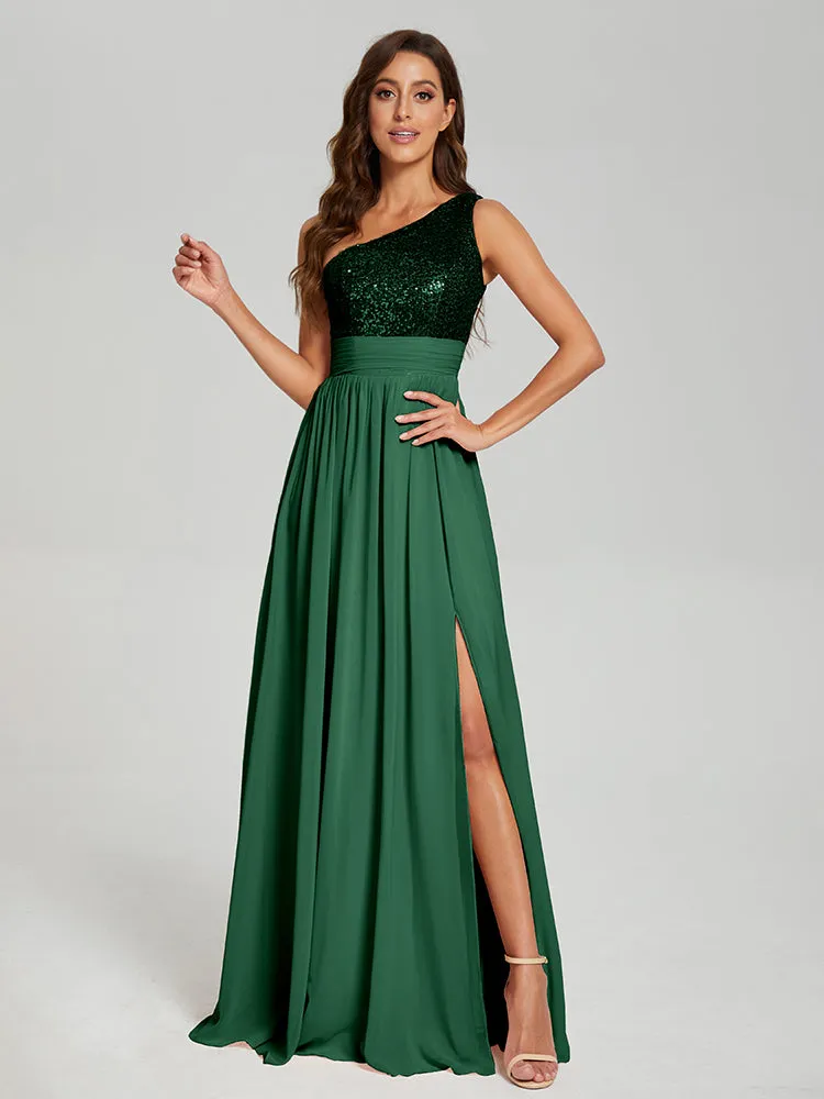 A-Line One Shoulder Sequins Prom Dresses With Split