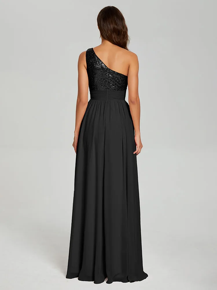 A-Line One Shoulder Sequins Prom Dresses With Split