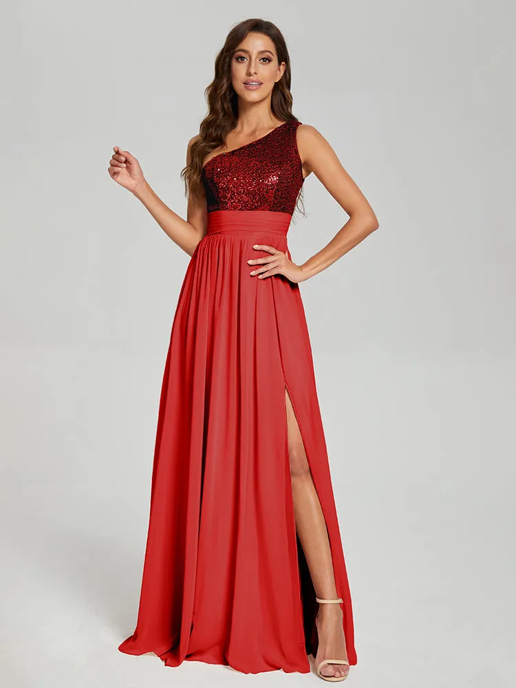 A-Line One Shoulder Sequins Prom Dresses With Split