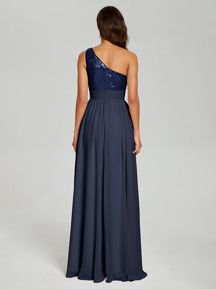 A-Line One Shoulder Sequins Prom Dresses With Split