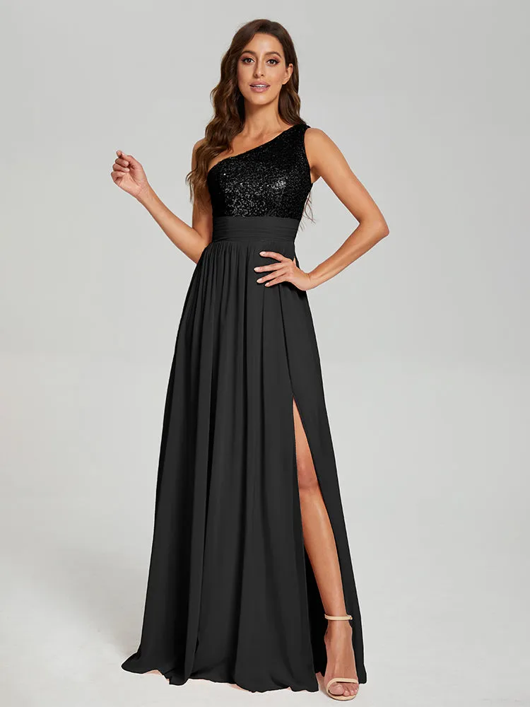 A-Line One Shoulder Sequins Prom Dresses With Split