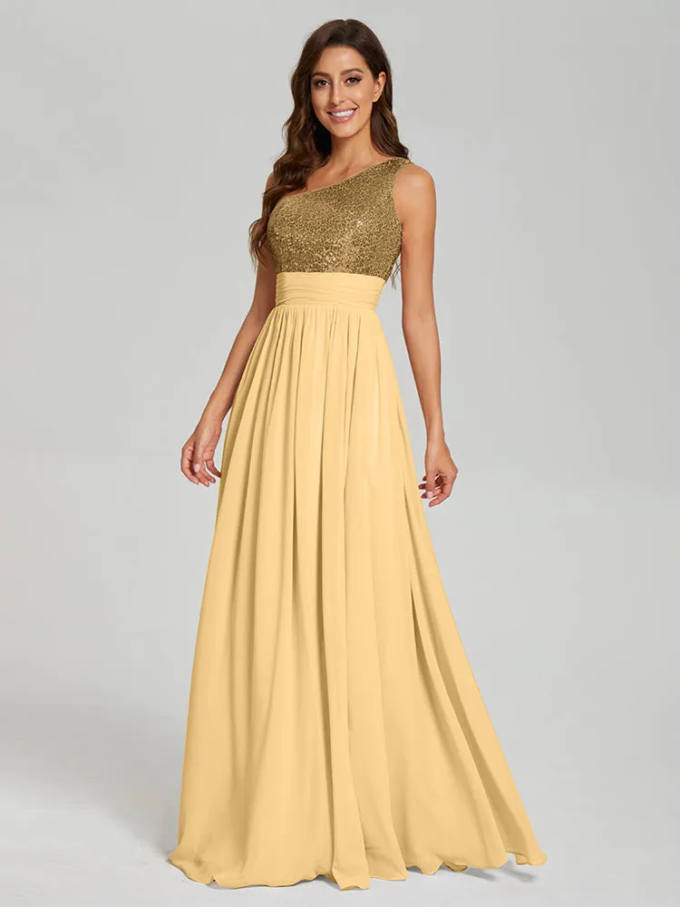 A-Line One Shoulder Sequins Prom Dresses With Split