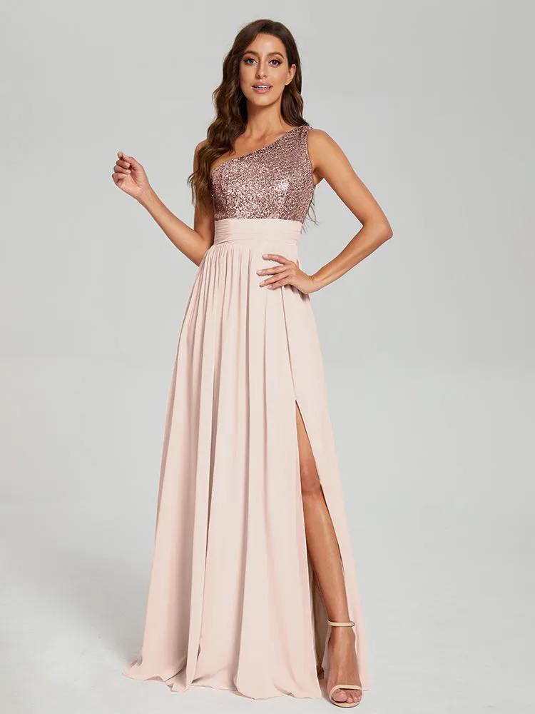 A-Line One Shoulder Sequins Prom Dresses With Split
