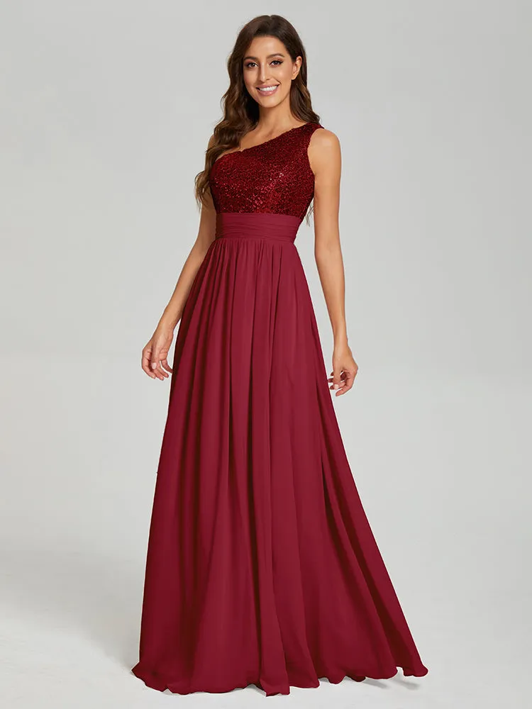 A-Line One Shoulder Sequins Prom Dresses With Split