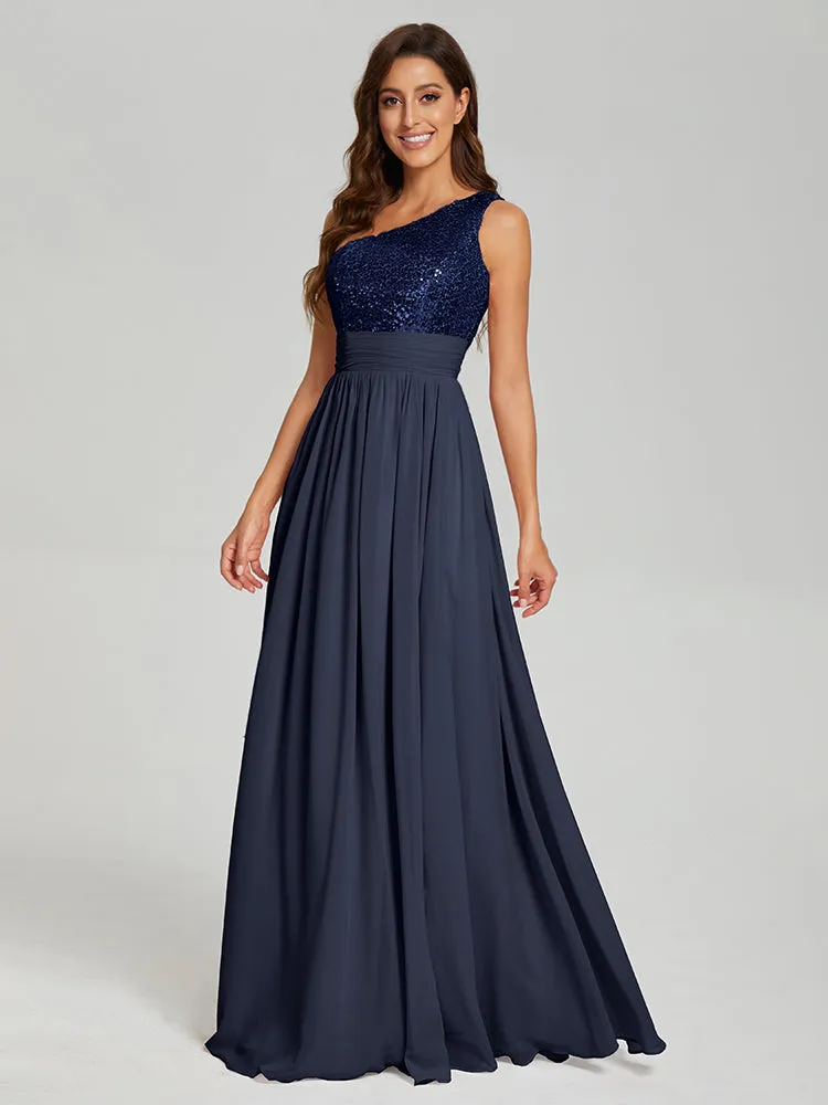 A-Line One Shoulder Sequins Prom Dresses With Split