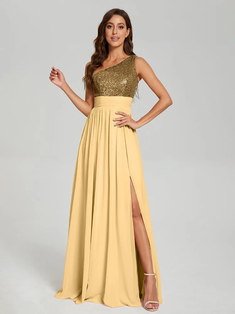 A-Line One Shoulder Sequins Prom Dresses With Split