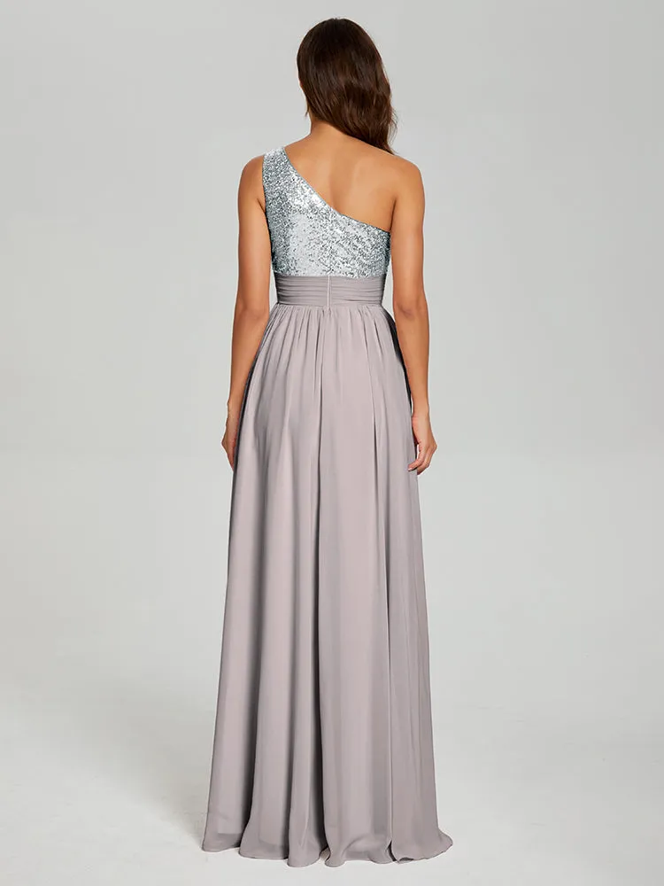 A-Line One Shoulder Sequins Prom Dresses With Split
