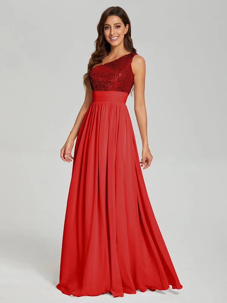 A-Line One Shoulder Sequins Prom Dresses With Split