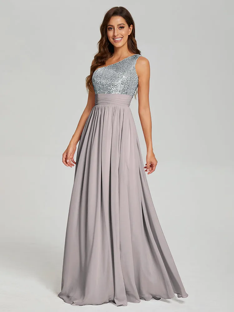 A-Line One Shoulder Sequins Prom Dresses With Split