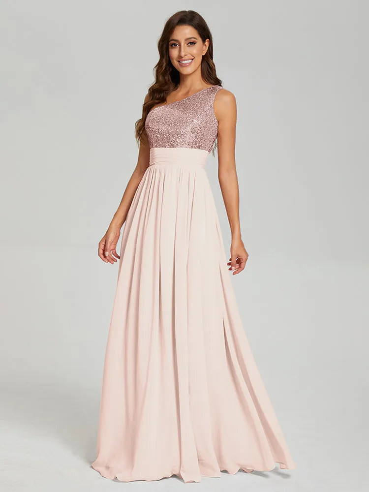 A-Line One Shoulder Sequins Prom Dresses With Split
