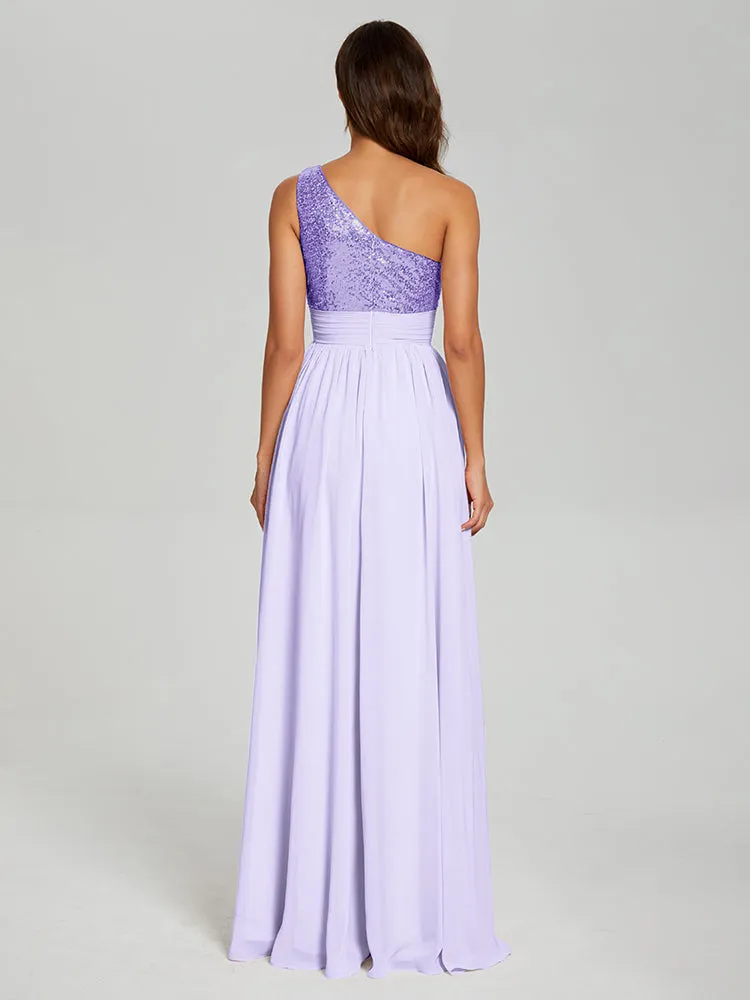 A-Line One Shoulder Sequins Prom Dresses With Split