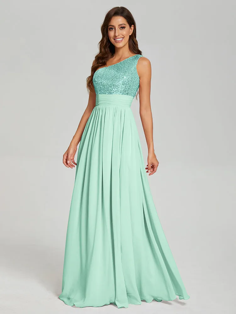 A-Line One Shoulder Sequins Prom Dresses With Split