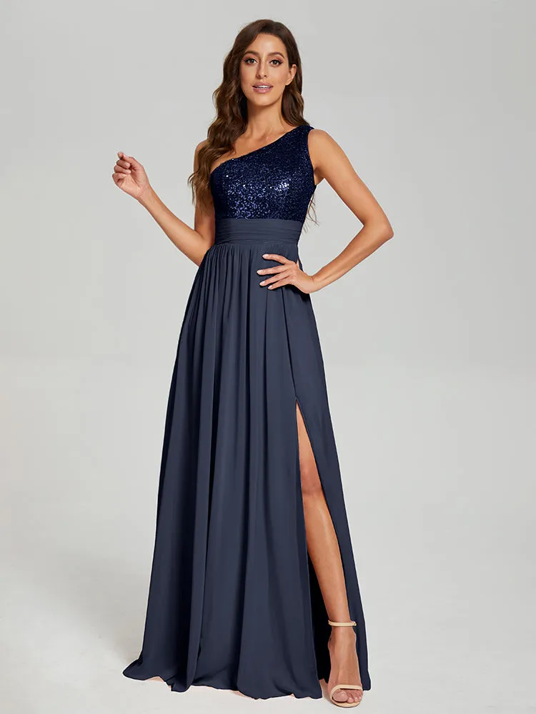 A-Line One Shoulder Sequins Prom Dresses With Split
