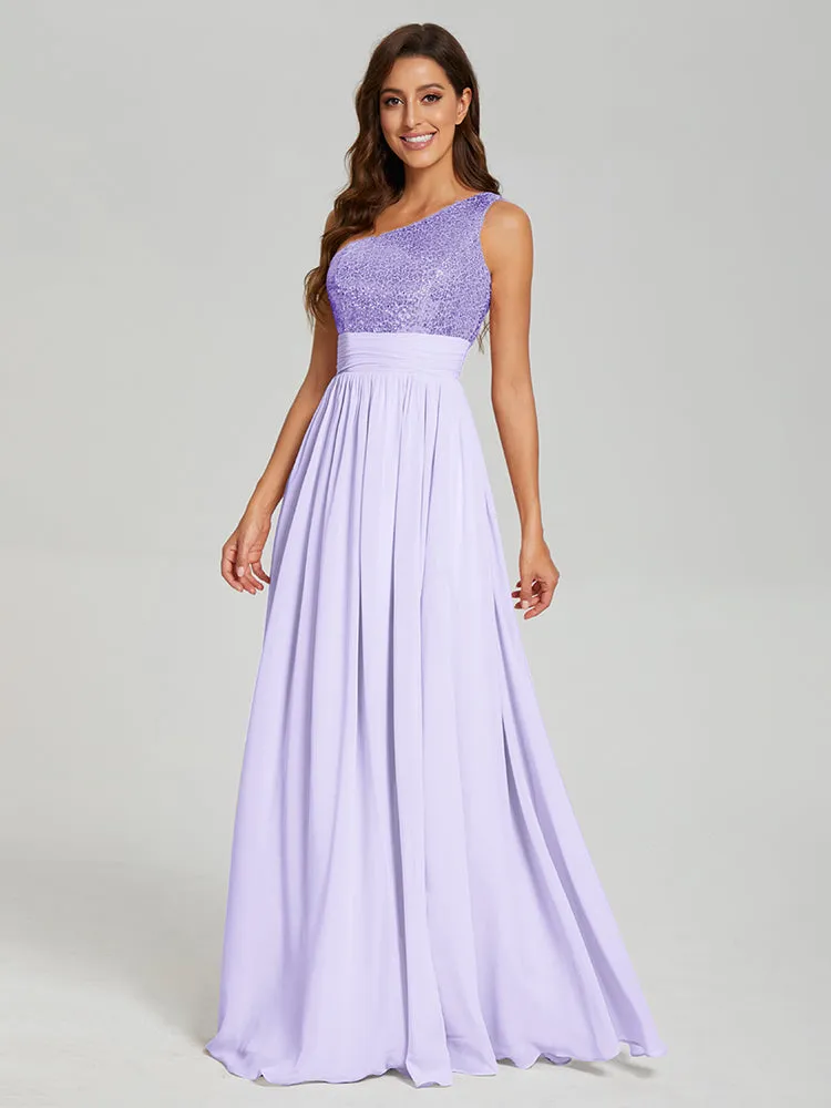 A-Line One Shoulder Sequins Prom Dresses With Split