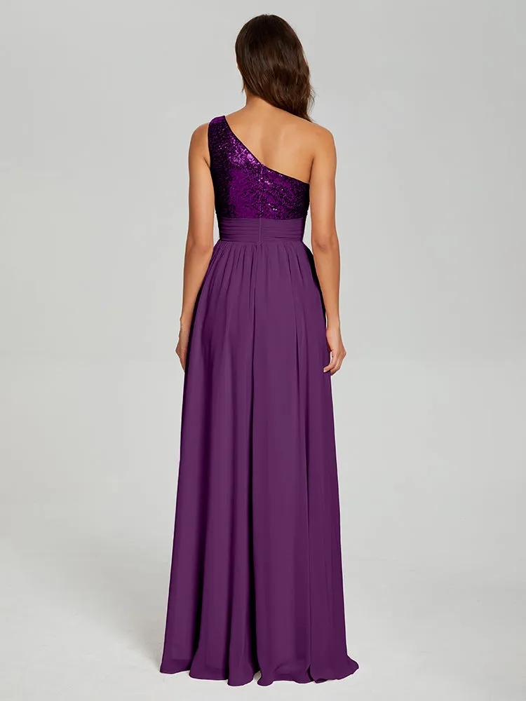A-Line One Shoulder Sequins Prom Dresses With Split