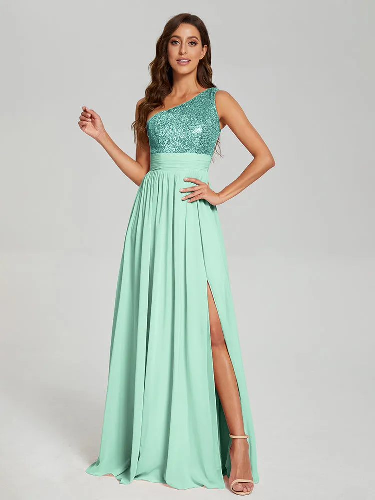 A-Line One Shoulder Sequins Prom Dresses With Split