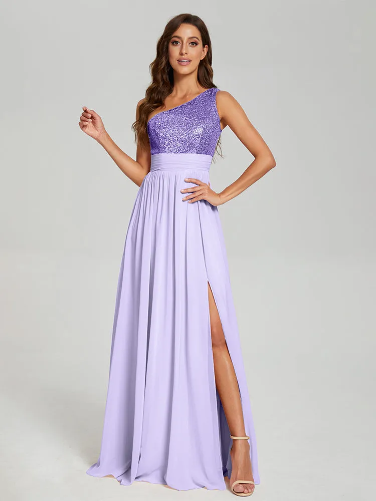 A-Line One Shoulder Sequins Prom Dresses With Split