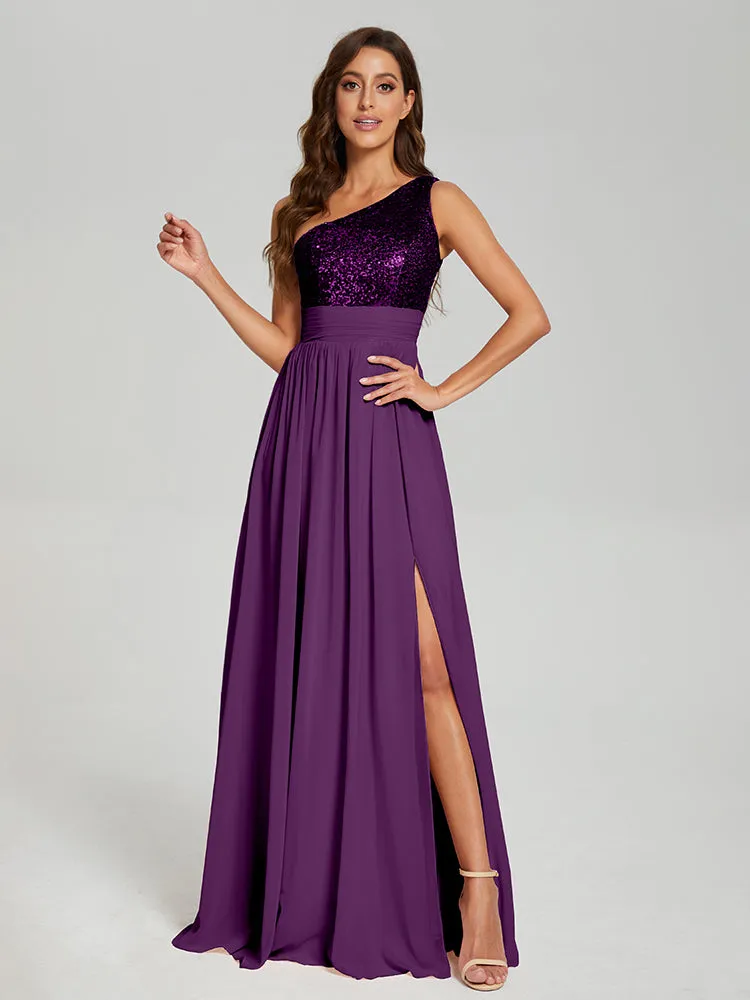 A-Line One Shoulder Sequins Prom Dresses With Split