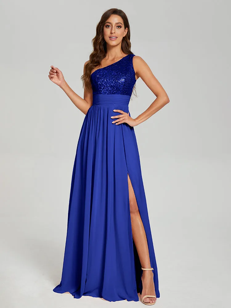 A-Line One Shoulder Sequins Prom Dresses With Split
