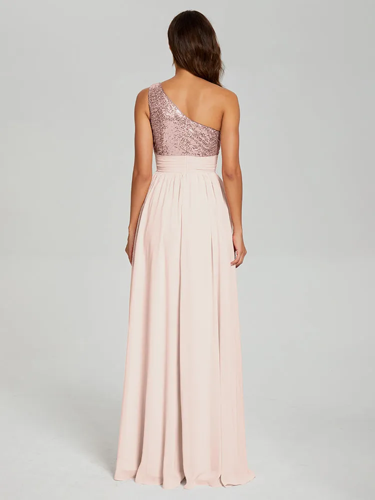 A-Line One Shoulder Sequins Prom Dresses With Split