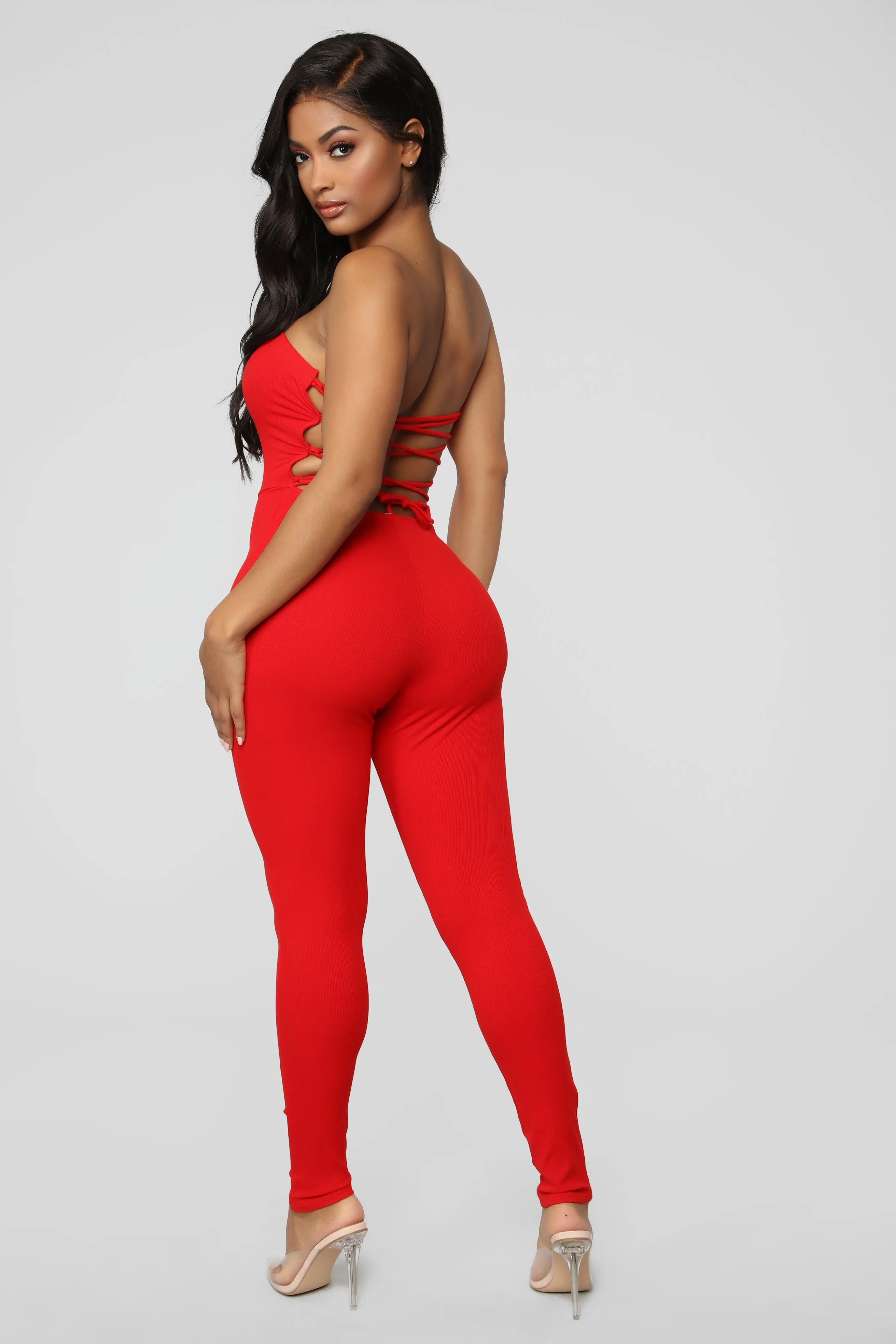A Little Surprise Lace Up Jumpsuit - Red