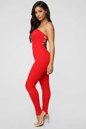 A Little Surprise Lace Up Jumpsuit - Red