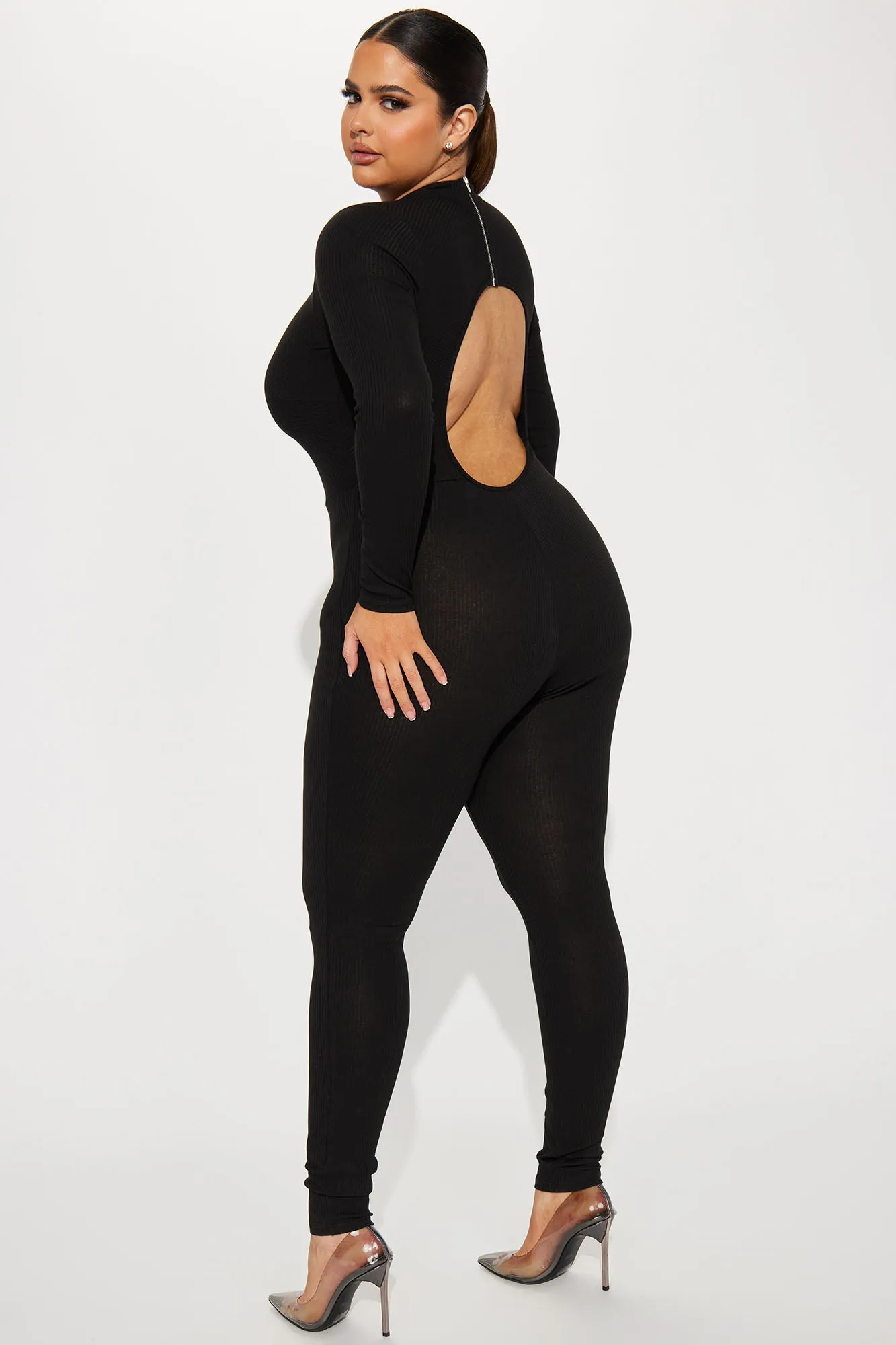 Aria Long Sleeve Ribbed Jumpsuit - Black