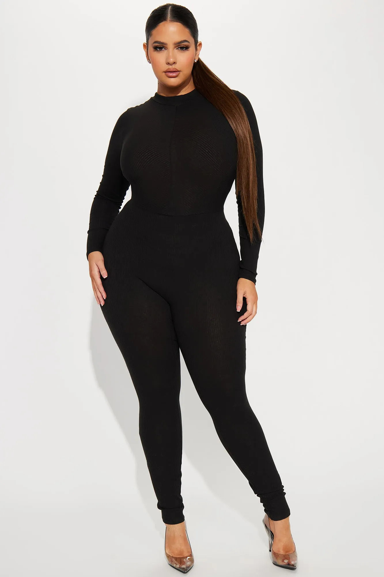 Aria Long Sleeve Ribbed Jumpsuit - Black