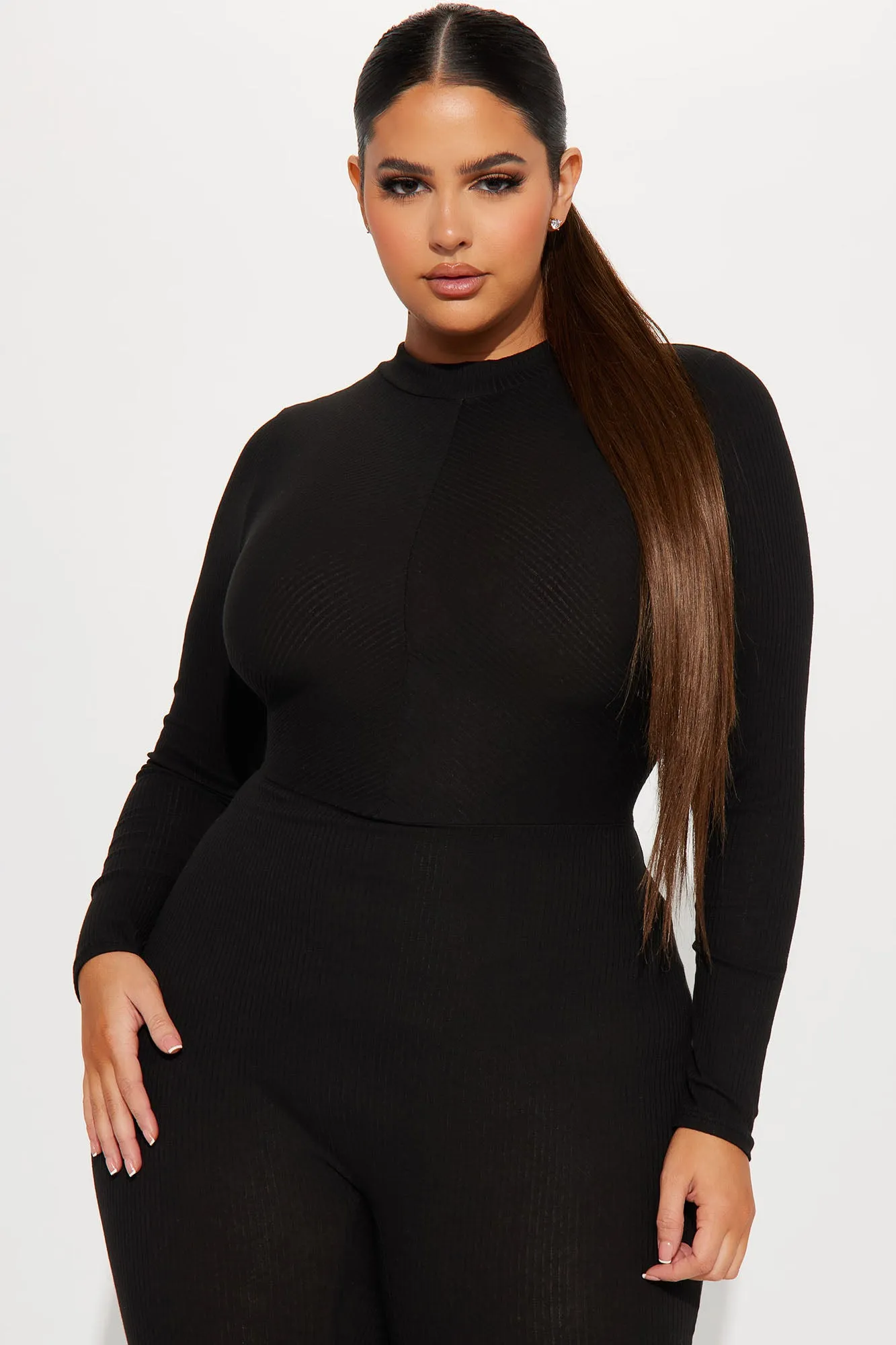 Aria Long Sleeve Ribbed Jumpsuit - Black