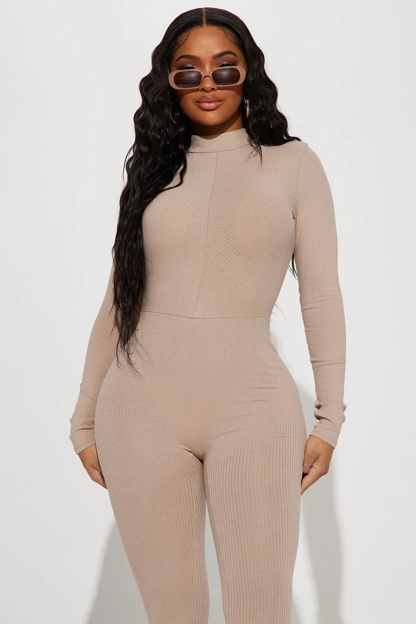 Aria Long Sleeve Ribbed Jumpsuit - Mocha