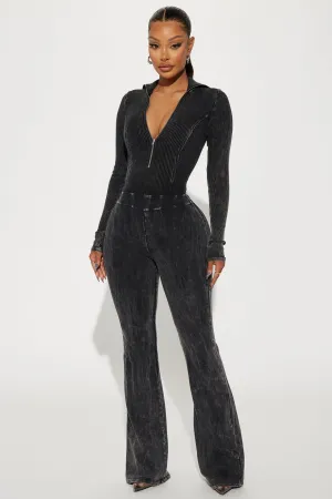 Been Like This Washed Ribbed Jumpsuit  - Black