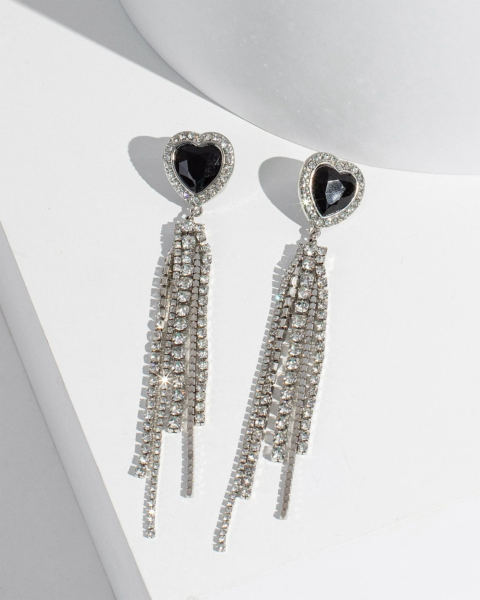 Black Heart Crystal Tassel Earrings