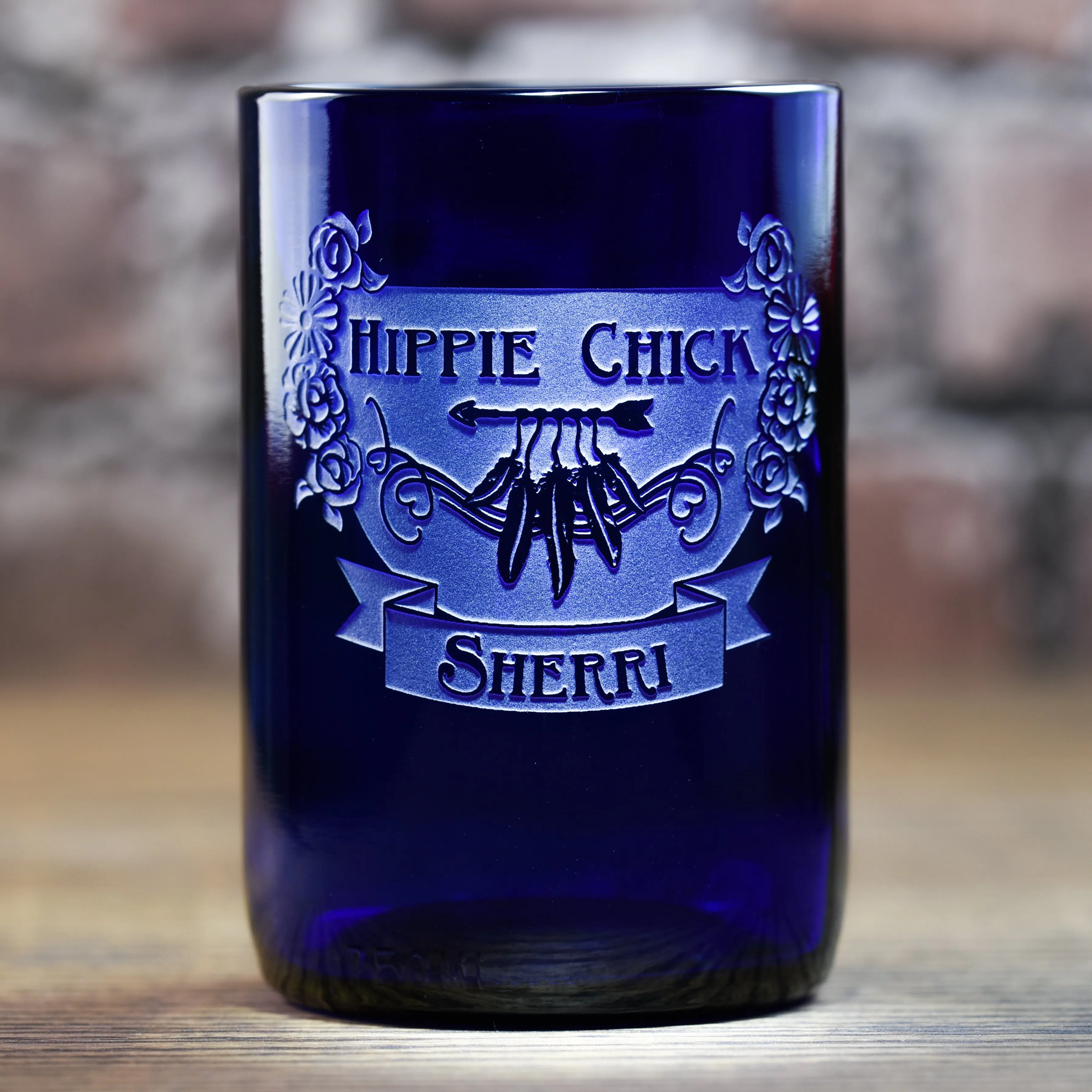 Blue Recycle Wine Bottle Glass, Boho Gypsy Hippie Girl Gifts