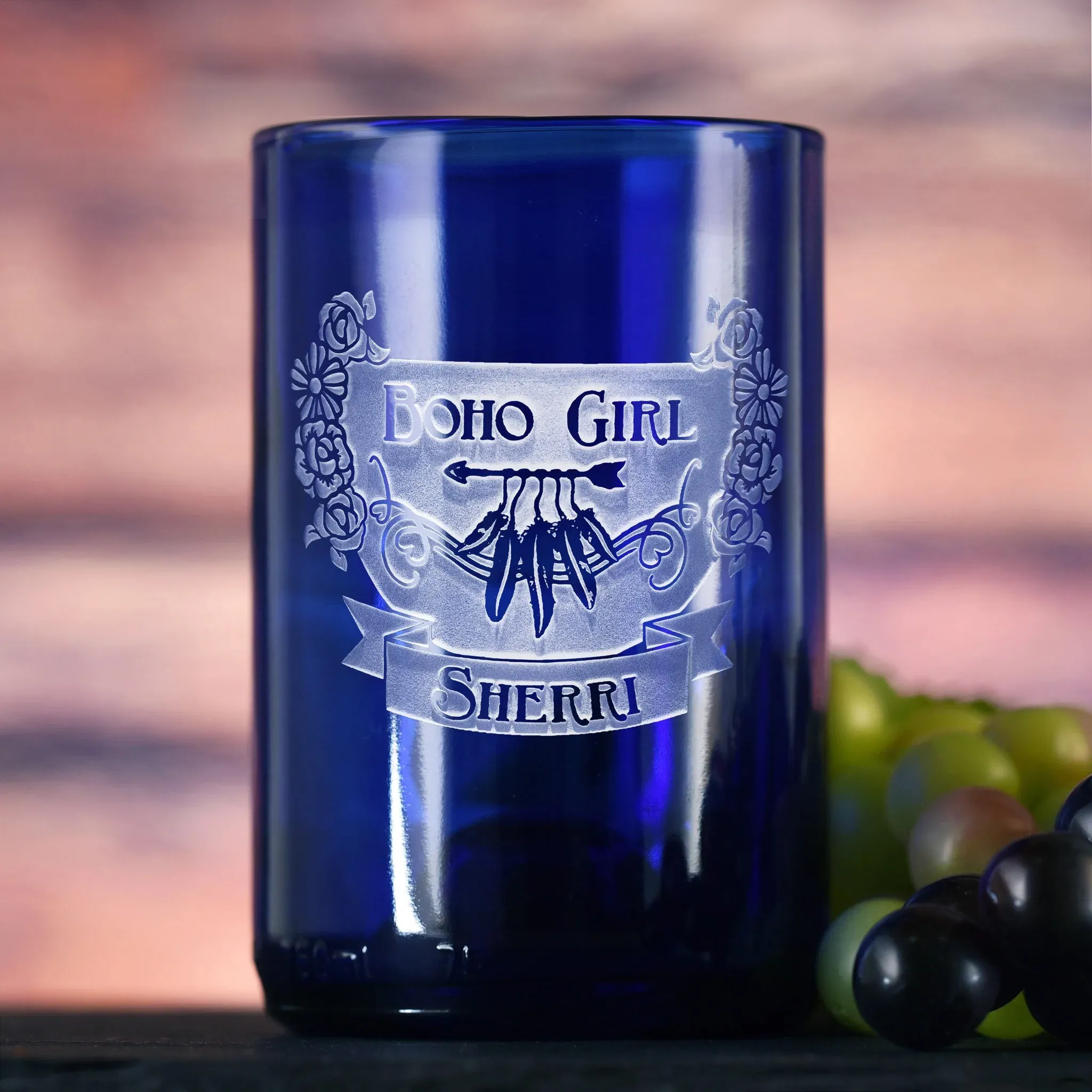Blue Recycle Wine Bottle Glass, Boho Gypsy Hippie Girl Gifts