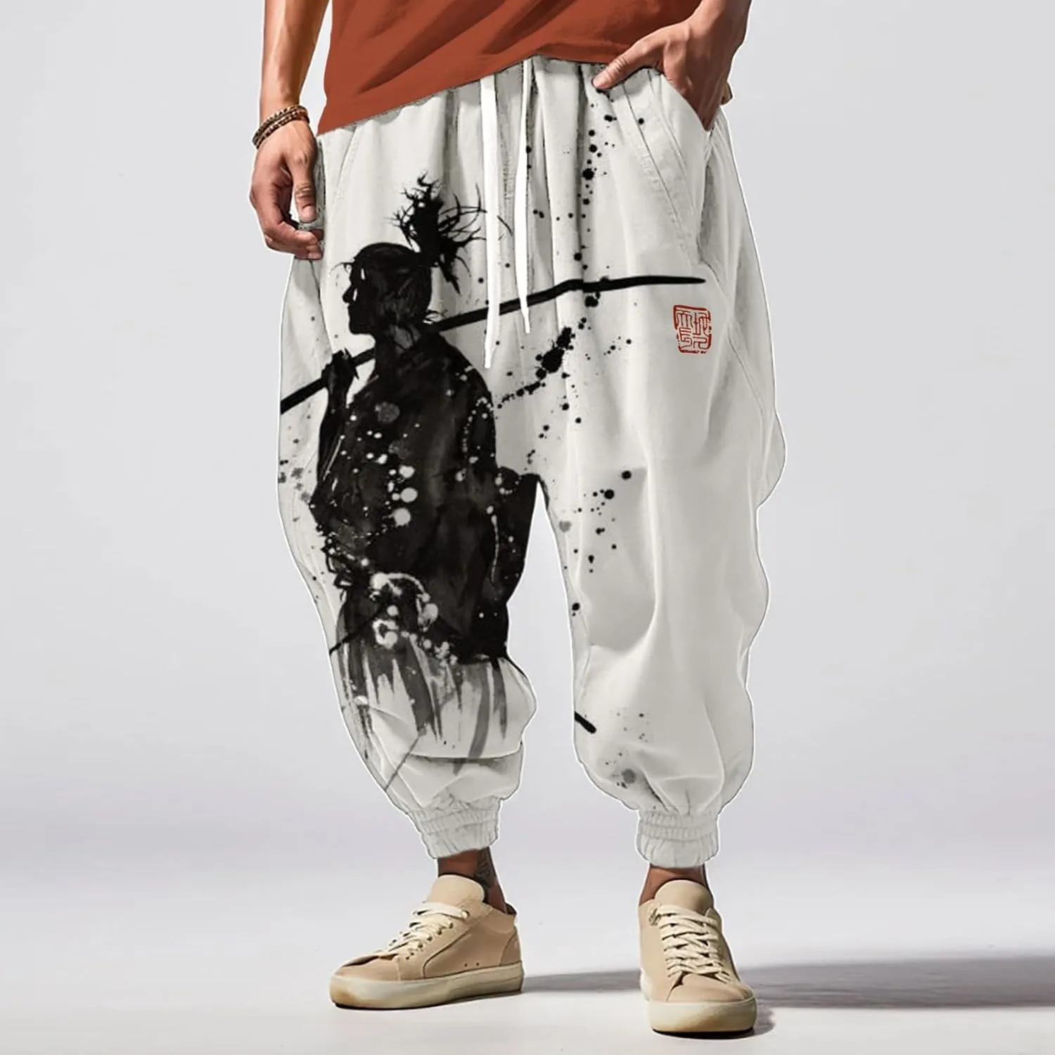 Casual Elastic Waist Trouser Hippie Yoga Pants Men's Autumn Fun Print Fashion Elastic Waist Drawstring Hippie