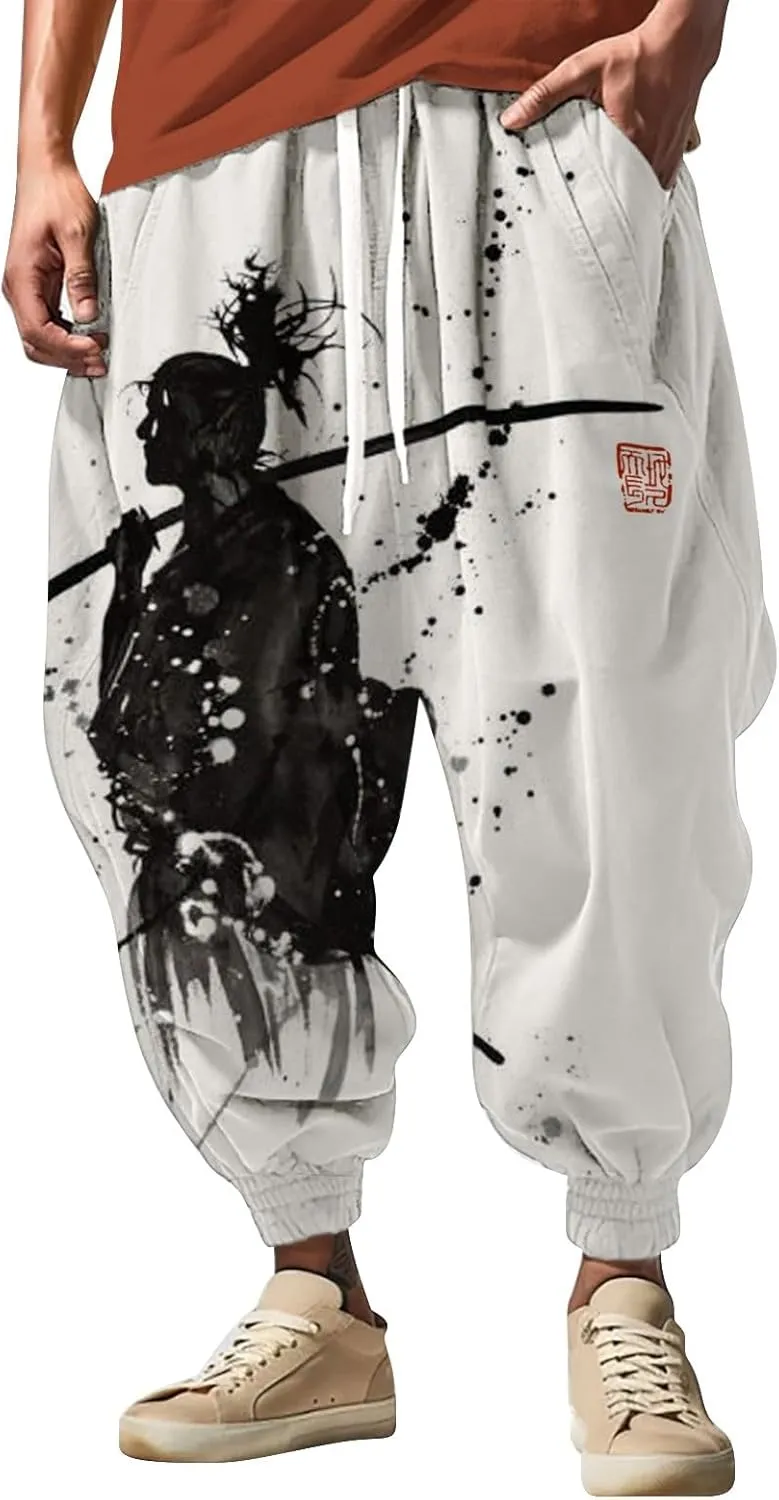 Casual Elastic Waist Trouser Hippie Yoga Pants Men's Autumn Fun Print Fashion Elastic Waist Drawstring Hippie