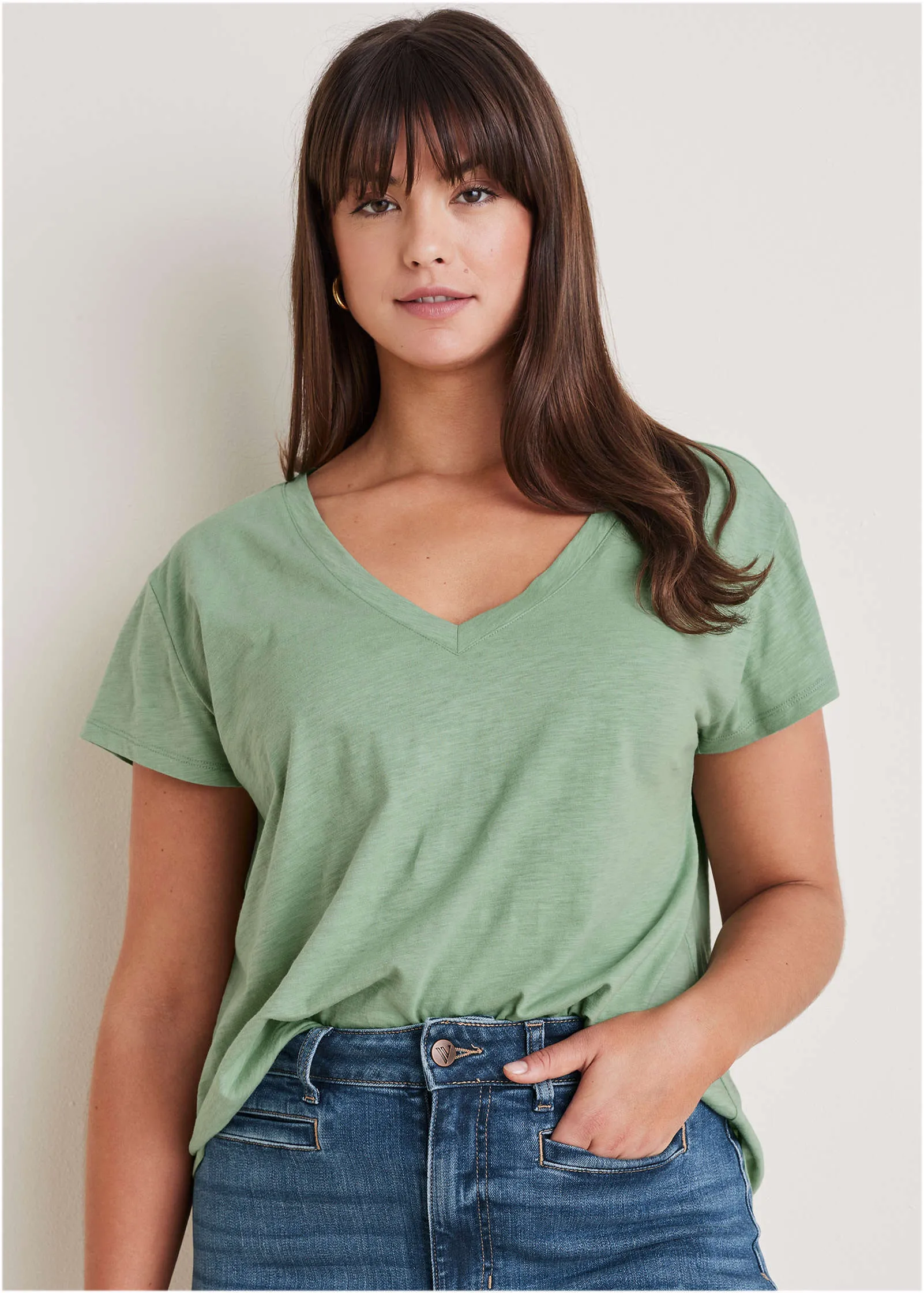 Cotton Slub V-Neck Tee - Basil