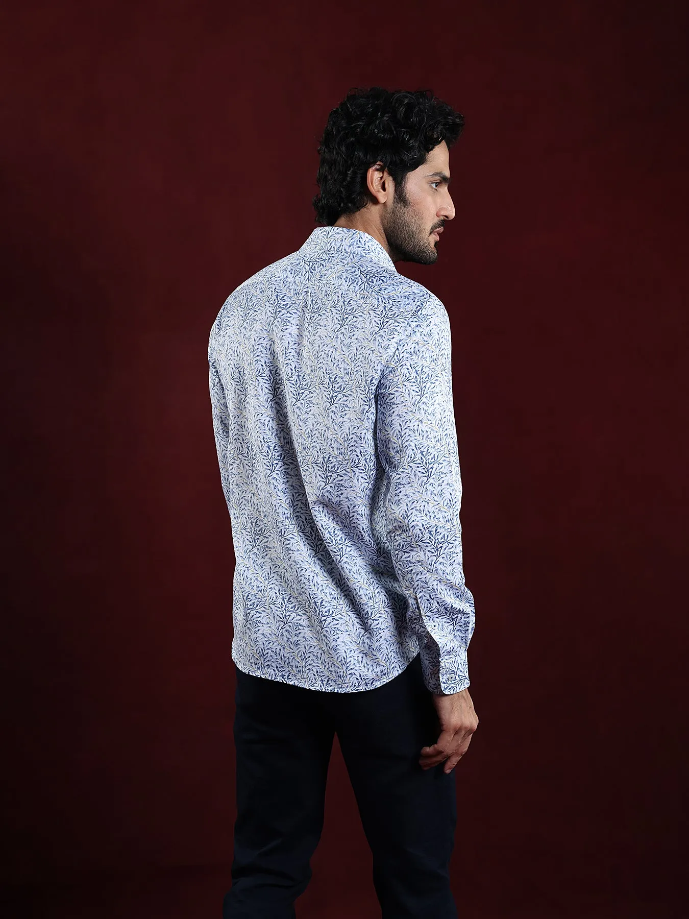 Cotton Tencel Off White Printed Slim Fit Full Sleeve Ceremonial Shirt