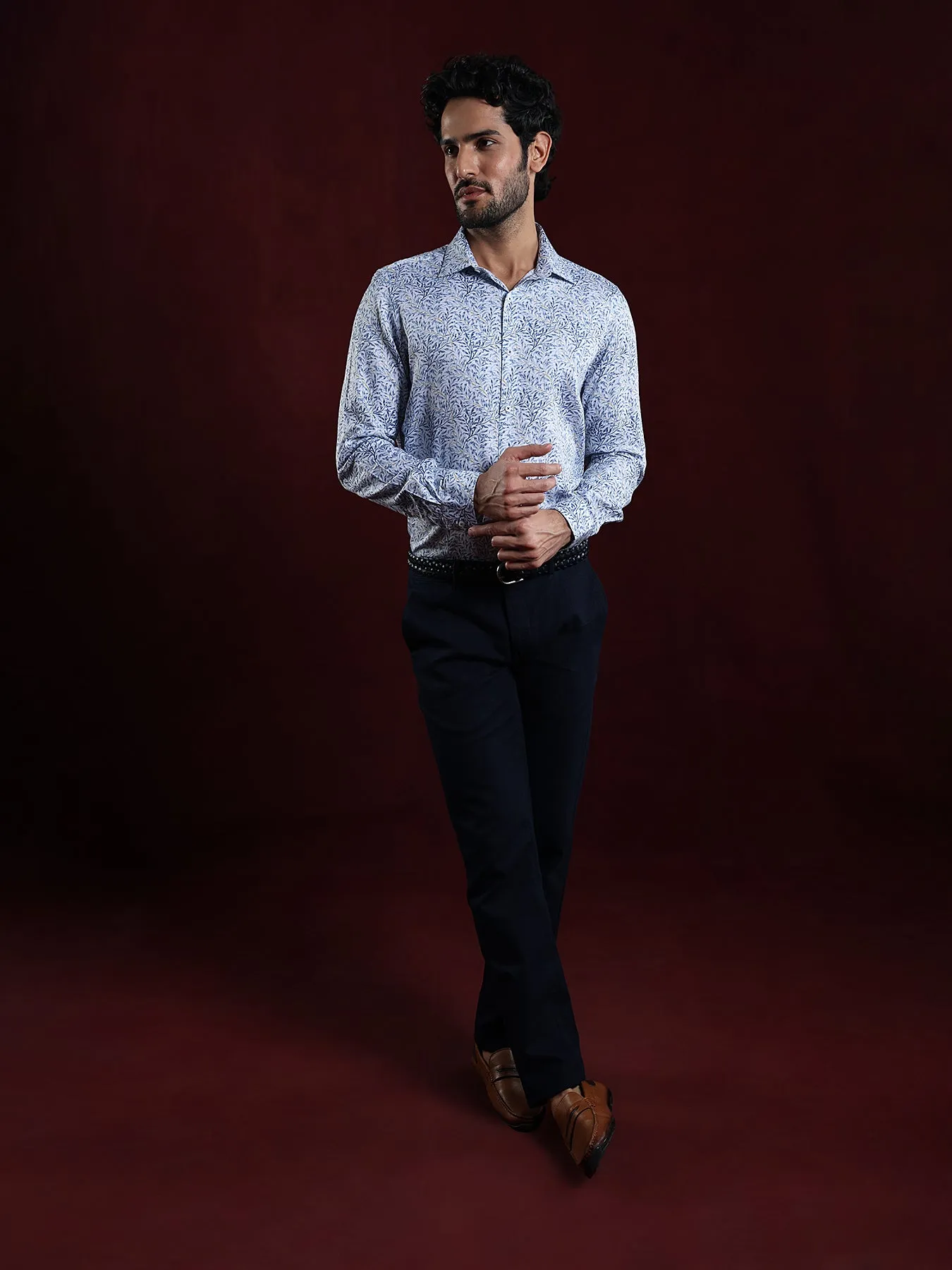 Cotton Tencel Off White Printed Slim Fit Full Sleeve Ceremonial Shirt